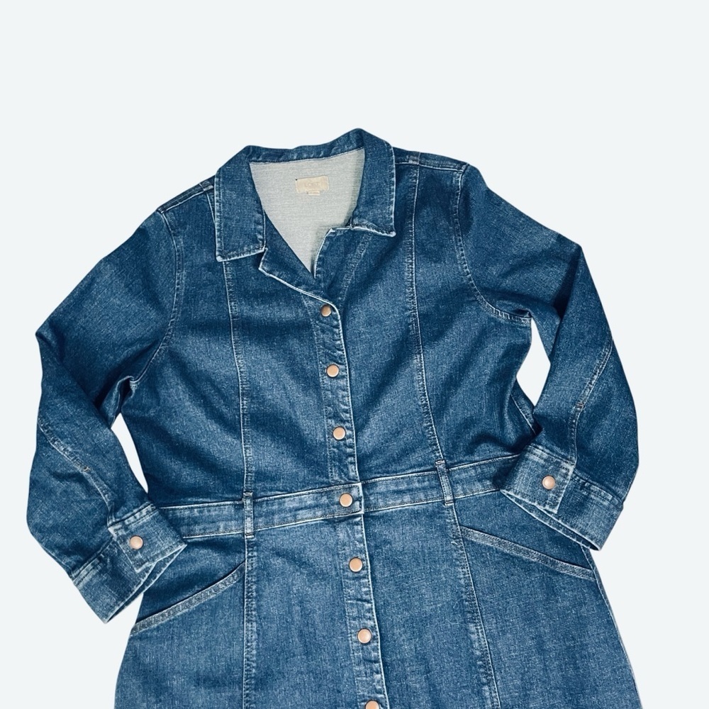 Ann Taylor Classic Dark Denim Button Front Dress Long Sleeve w/ Pockets Size 16 - Picture 7 of 14